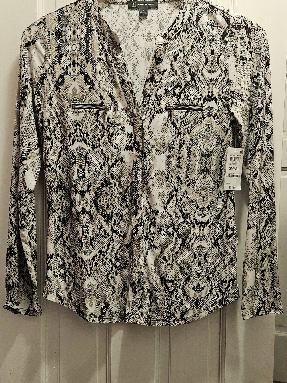 INC International Concepts Snake-Print Zip-Pocket Blouse in Beige and Black